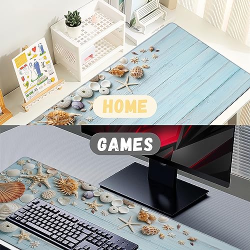 Large Mouse Pad Shells on Light Blue Wood Extended Gaming Mouse Pad Non-Slip Desk Mat with Stitched Edge Laptop Computer Keyboard Mousepad for Office Home 35.4" x 15.7" - color: Shells on Light Blue Wood