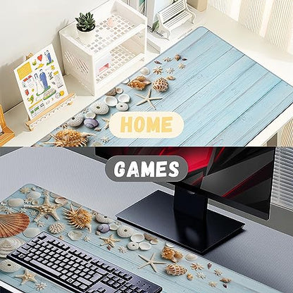 Large Mouse Pad Shells on Light Blue Wood Extended Gaming Mouse Pad Non-Slip Desk Mat with Stitched Edge Laptop Computer Keyboard Mousepad for Office Home 35.4" x 15.7" - color: Shells on Light Blue Wood