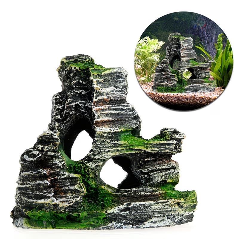 Aquarium Rock Cave Ornament, Resin Mountain View Hideout Decor for Fish Tank, Safe Shelter for Small Fish and Shrimp
