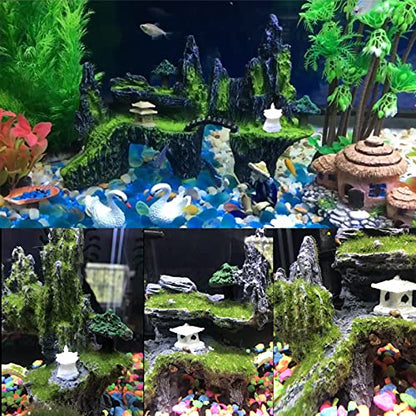 Fish Tank Mountain View Decoration Aquarium Stone Ornament Bridge with Moss Tree House Cave for Small Betta Shrimp Hide
