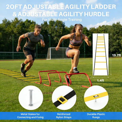 Agility Ladder Training Set, 20ft Speed Ladder with 4 Hurdles, Jump Rope, 12 Soccer Cones & Running Parachute, All-in-One Agility Speed Training Equipment for Soccer, Football, Basketball - color: Orange