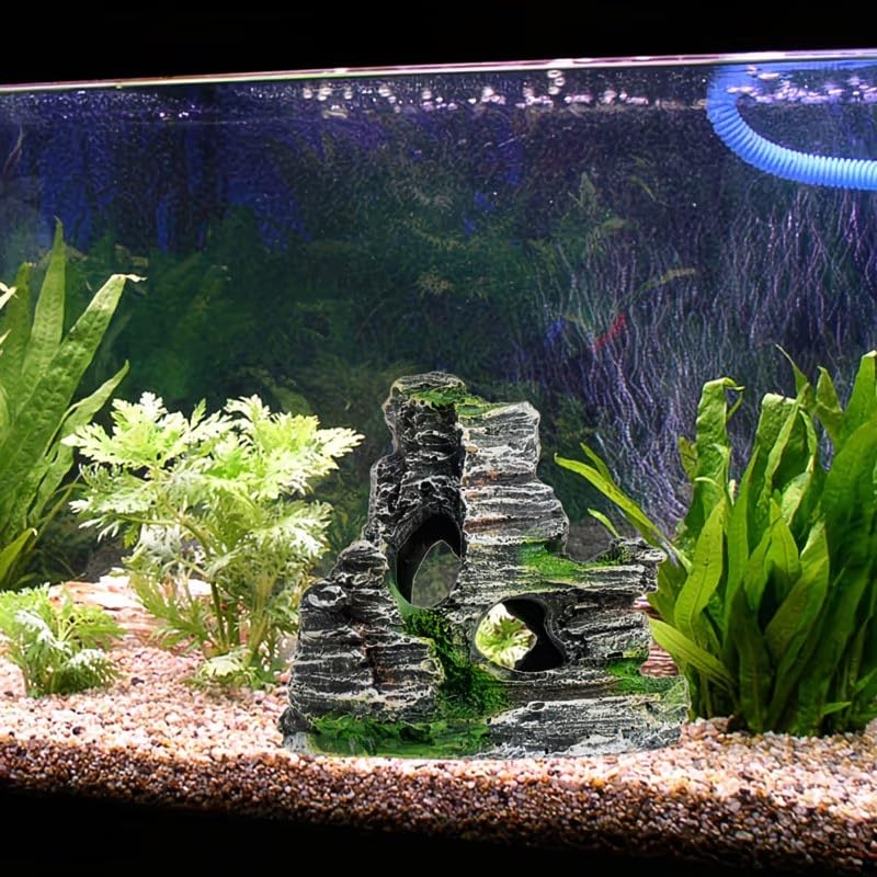 Aquarium Rock Cave Ornament, Resin Mountain View Hideout Decor for Fish Tank, Safe Shelter for Small Fish and Shrimp