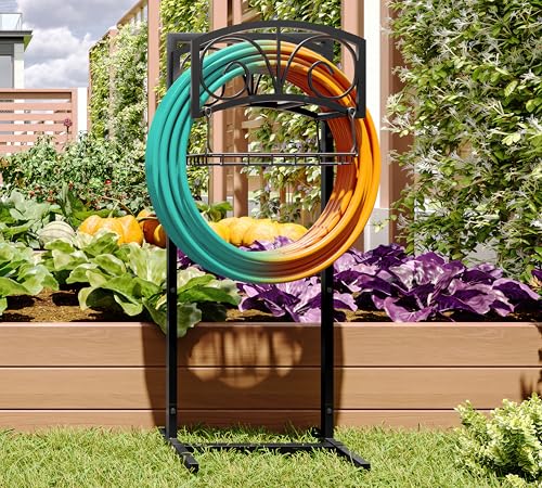 Fire Beauty Garden Hose Holder,Freestanding Water Hose Holder with Storage Basket,In ground Hose Rack Organizer for Outdoor,Detachable Hose Holder Stake,Hose Reel Stand for Outside Lawn Yard - style: Scroll Design