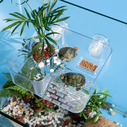 Forher Suction Cup Suspended Turtle Platform with Adjustable, guardrail and Tilted Acrylic Transparent Cradle Platform, Suitable for Decorating Water Tank Accessories (Suction Cup Design) - style: Suction cup design