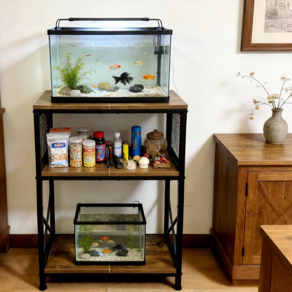 Fish Tank Stand, 10 Gallon Aquarium Stand, 3-Tier Metal Storage Shelf, 20.47"×11.42"×31.69" Heavy Duty Terrarium Stand for Home Office Fish Tank Shelf, Rustic Brown - color: Rustic Brown