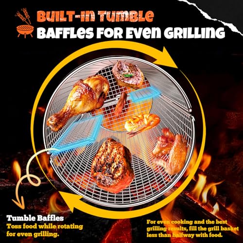2-in-1 Rolling Grill Basket with Dual Handles, 304 Stainless Steel Rotatable BBQ Basket with Crank Handle & Straight Grip Handle, Grill Net for Vegetables, Shrimp & More, Gift Idea for Men, Dad, Husband