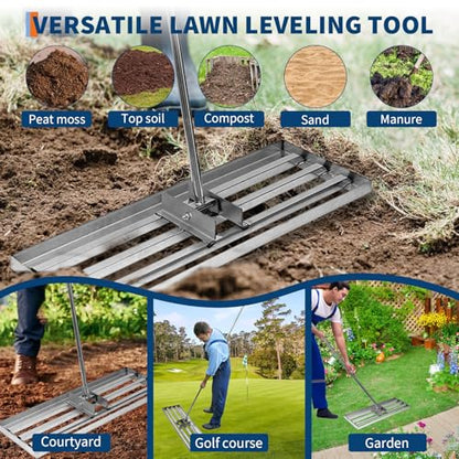 Lawn Leveling Rake,Steel Leveling Rake for Soil,Yard Dirt Leveling Rakes for Grass,Lawn Leveling Tool with Adjustable Handle (Sliver Steel 30”x10”)