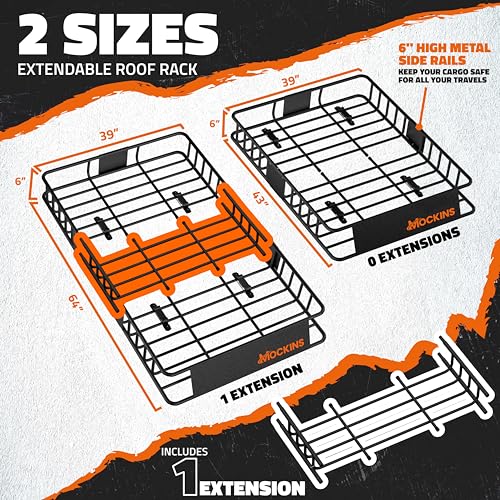 Mockins 64"x39"x6" Extendable Cargo Roof Rack Basket with 250 Lbs Capacity | Heavy-Duty Car Roof Cargo Carrier Rack Bundle with Straps & Net | All-Weather Steel Luggage Carrier for Car Rooftop Storage - size: Basket: 64"x39"x6"