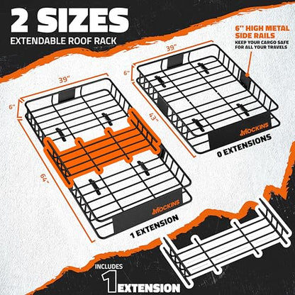 Mockins 64"x39"x6" Extendable Cargo Roof Rack Basket with 250 Lbs Capacity | Heavy-Duty Car Roof Cargo Carrier Rack Bundle with Straps & Net | All-Weather Steel Luggage Carrier for Car Rooftop Storage - size: Basket: 64"x39"x6"