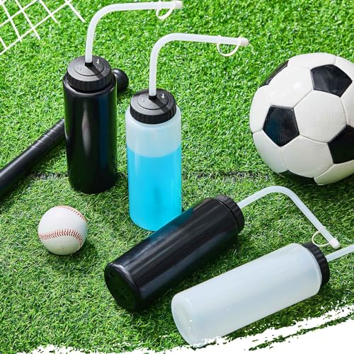 Domensi 4 Pack 32 oz Hockey Sports Water Bottle with Long Straw Easy Squeeze Plastic Bottle Helmet Friendly for Sport Hockey Football Lacrosse(Black/translucent,Classic) - color: Black/translucent
