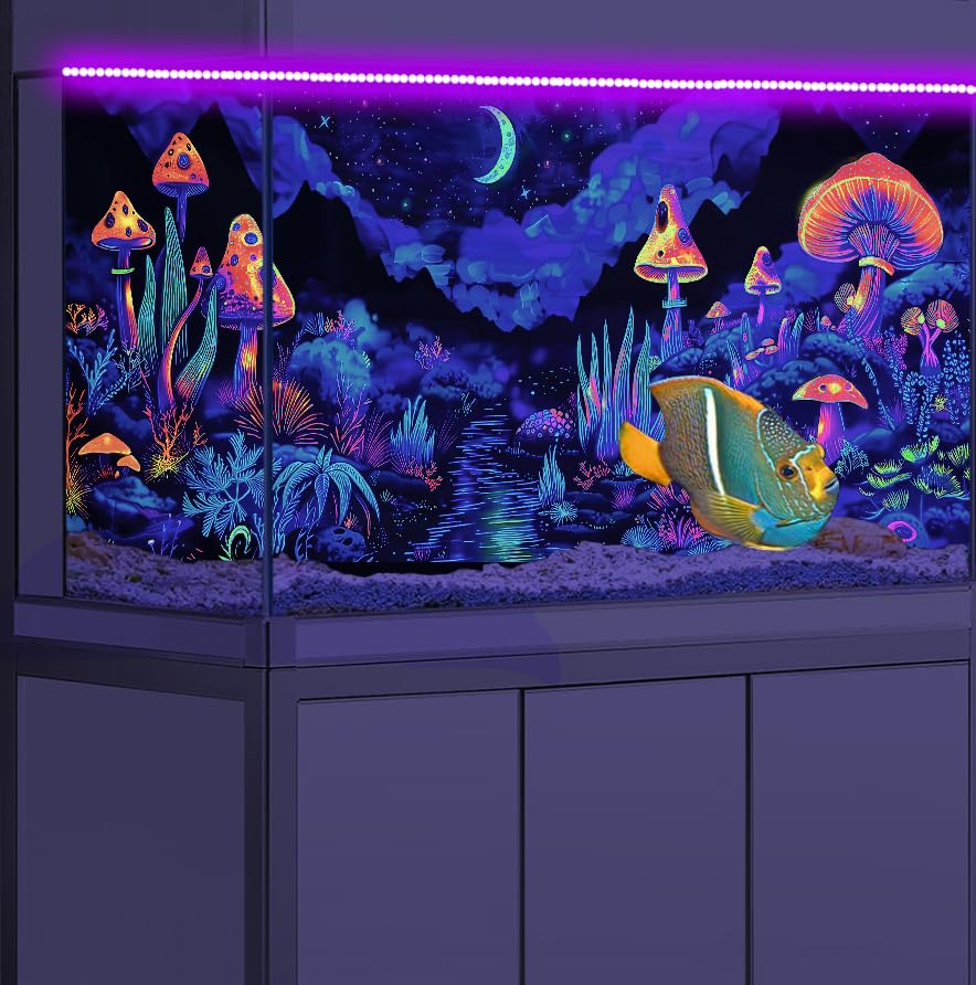 24X12IN Blacklight Mushroom Flower Black Light Aquarium Background, UV Fish Tank Background Moonlight Mountain Forest Landscape Terrarium Background with 10 EVA Double-Sided Tape