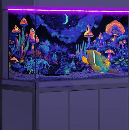 24X12IN Blacklight Mushroom Flower Black Light Aquarium Background, UV Fish Tank Background Moonlight Mountain Forest Landscape Terrarium Background with 10 EVA Double-Sided Tape