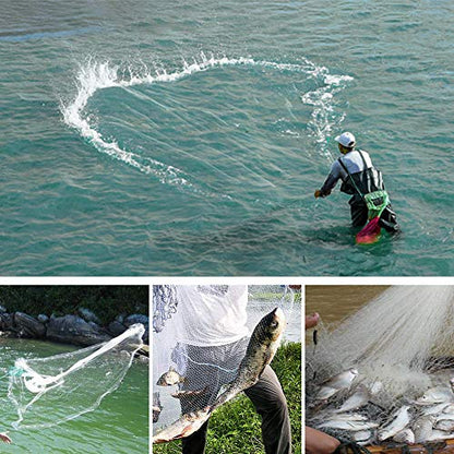 Yeahmart American Saltwater Fishing Cast Net for Bait Trap Fish 3ft/4ft/5ft/6ft/7ft/8ft/9ft/10ft Radius Casting Nets with Heavy Duty Real Zinc Sinker Weights, 3/8inch Mesh Size