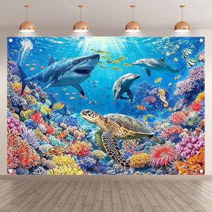 Fabric 7x5ft Under the Sea Backdrop Shark Tropical Ocean Water Underwater World Animals Dolphin Turtle Photography Background Aquarium Coral Party Decorations Photo Props