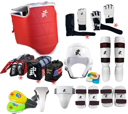 Martial Arts Taekwondo Sparring Gear Equipment Set Headgear Shin Instep Arm Chest with Optional Gears
