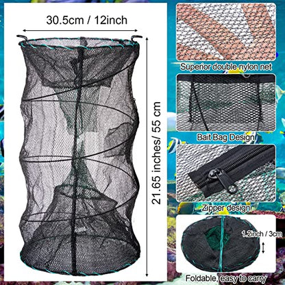 3 Pcs Minnow Trap, Include 2 Fishing Bait Trap 1 Cylindrical Hexagon Crab Crawfish Trap, Lobster Shrimp Collapsible Cast Nets Portable Folded Fishing Accessories,12x21.65 Inches