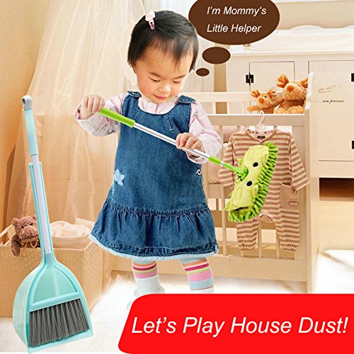 Mini Housekeeping Cleaning Tools for Children,3pcs Include Mop,Broom,Dustpan (Green Mop+Frash Blue Broom&Dustpan)