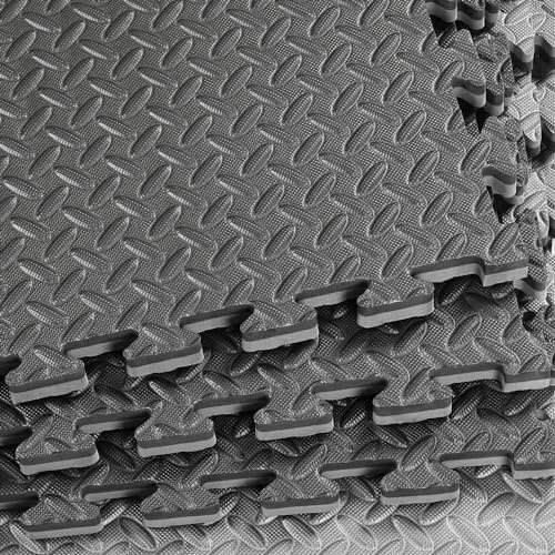 1" Extra Thick 48 sq ft Reversible EVA Gym Foam Floor Mat Tiles (24" x 24"), Steel Pattern, 12 pcs, Black & Grey