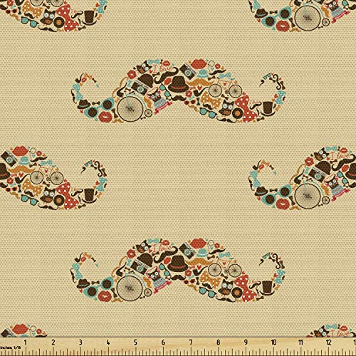 Lunarable Vintage Fabric by The Yard, Oriental Style Hipster Mustache Pastel Colored Retro Owl Bicycle Shapes, Decorative Fabric for Upholstery and Home Accents, 2 Yards, Ecru - color: Ecru, size: Upholstery Fabric 2 yards