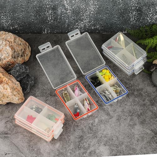 JUXYES Pack of 6 Plastic Small Fishing Tackle Box Organizer with 4 Compartments, Clear Mini Fishing Tackle Storage Boxes with Dividers, Transparent Fish Pocket Tackle Storage Box Lure Box