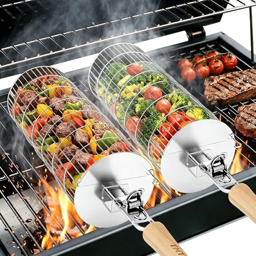 TNTOR Rolling Grill Basket, Larger 304 Stainless Steel Nesting Grilling Net, Removable Handle, BBQ Accessories Tools for Veg Shrimp, Outdoor Cooking Camping Father's Day grilling gifts for men Dad
