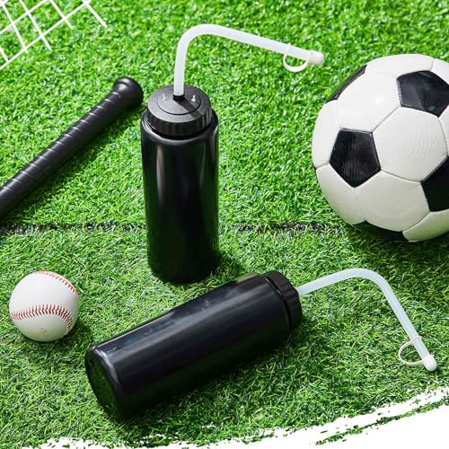 Domensi 4 Pack 32 oz Hockey Sports Water Bottle with Long Straw Easy Squeeze Plastic Bottle Helmet Friendly for Sport Hockey Football Lacrosse(Black,Classic) - color: Black