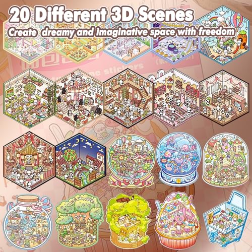 3D Sticker Scene Book 20 Sets 3D House Stickers Therapy DIY Stickers Miniature Cozy Room Sticker Scenes for Adults Relief Stress Funny Gift for Holiday (Pink 2)