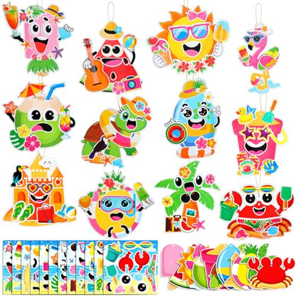 Frienda 48 Set Summer Craft Kit Hawaii Make a Face Paper Sticker Tropical Pool Beach Crafts Make Your Own Pineapple Flamingo Hawaii Sticker for Summer Party Favors Classroom Luau Game Rewards Gift - style: Summer