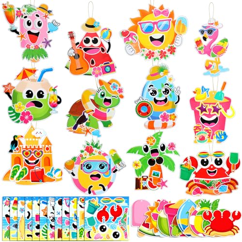 Frienda 48 Set Summer Craft Kit Hawaii Make a Face Paper Sticker Tropical Pool Beach Crafts Make Your Own Pineapple Flamingo Hawaii Sticker for Summer Party Favors Classroom Luau Game Rewards Gift - style: Summer