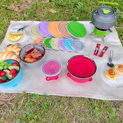 Mess Kit for Camping Silicone Collapsible Bowl Collapsible Cup and Stainless Steel Spoon for Backpacking Outdoor Hiking Traveling and Picnic - color: Red