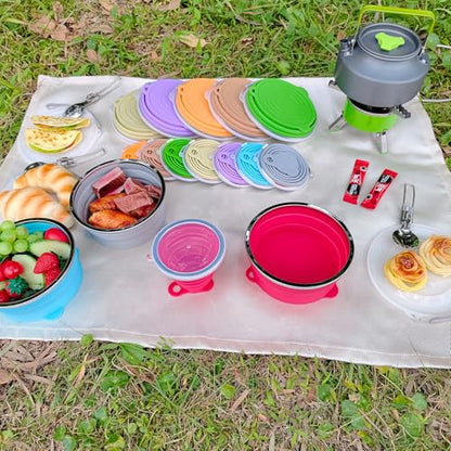 Mess Kit for Camping Silicone Collapsible Bowl Collapsible Cup and Stainless Steel Spoon for Backpacking Outdoor Hiking Traveling and Picnic - color: Red