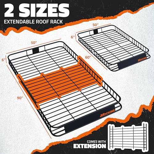 Mockins 90"x50"x6" XXL Heavy Duty Roof Rack Cargo Basket 2-Size Extendable | 250 Lbs Cap Steel Luggage Carrier for Car Rooftop Set w/ Straps| All-Weather Roof Cargo Carrier for SUV, RV, & Large Vehicles - size: Basket: 90"x50"x6"