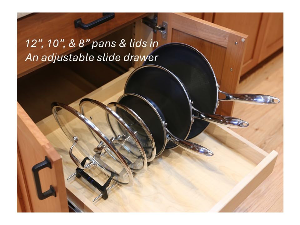 Pan & lid rack for storage or drying for kitchenware from Hexclad, T-fal, Circulon, Calphalon, Carote, Cuisinart, Blue Diamond, and others including induction pans