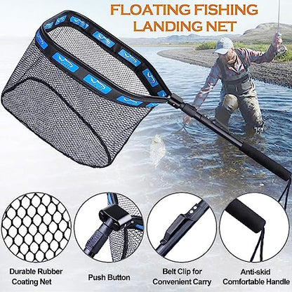 PLUSINNO Floating Fishing Net for Steelhead, Salmon, Fly, Kayak, Catfish, Bass, Trout Fishing, Rubber Coated Foldable Landing Net with Fixed or Telescoping Pole Handle, Fishing Gear and Gifts for Men - color: 2 Pack - 0.8M Blue
