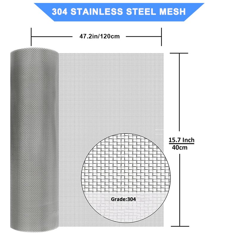 304 Stainless Steel Wire Mesh Screen,15.7"x47.2", 0.62mm Hole 30 Mesh, No Rust and Sturdy, Easy to Cut, Heat-Resisting Metal Mesh for Vent, Window Screen Mesh, Cage, Filter Mesh, DIY Projects, etc