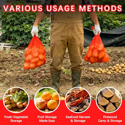 32 Pcs 20x14in Red Mesh Onion Bags with Drawstring, 35 lb Reusable Fresh Produce Onion Storage Sacks For Onions Potato Garlic Citrus Crawfish and Firewood, Washable Breathable Net Bags For Vegetable | Breathable