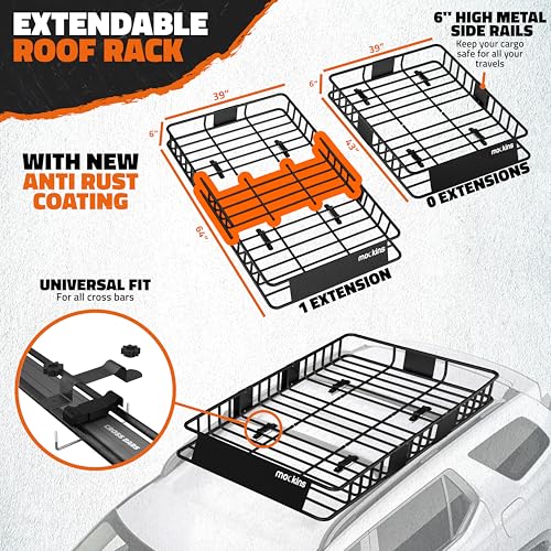 Mockins 64"x39"x6" Extendable Heavy Duty Roof Rack Basket & 16 Cu Ft Waterproof Cargo Bag for Top of Car | 250 Lbs Capacity Steel Rooftop Cargo Carrier for Top of Vehicle with Roof Basket Accessories - size: Basket+Bag: 64"x39"x6"