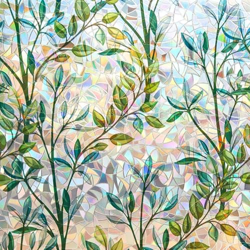 Finnez Window Privacy Film 3D Static Cling Window Film, No Glue Heat Control & 96% UV Blocking for Home Office, Decorative Frosted Glass Cover 29.5 Inch x 13.1 Feet - color: Foliage, size: 29.5 Inch x 13.1 Feet