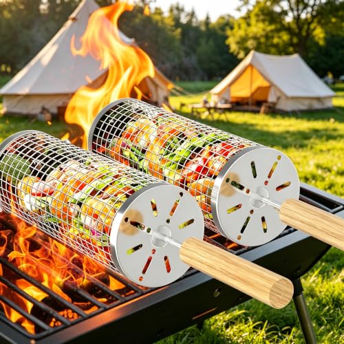 Rolling Grill Basket, Removable Wooden Handle, 304 Stainless Steel, Nesting Grilling Net, BBQ Accessories Tool for Vegetable Shrimp, Outdoor Cooking Camping, Christmas Birthday Gifts for Men Dad Husband