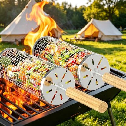 Rolling Grill Basket, Removable Wooden Handle, 304 Stainless Steel, Nesting Grilling Net, BBQ Accessories Tool for Vegetable Shrimp, Outdoor Cooking Camping, Christmas Birthday Gifts for Men Dad Husband