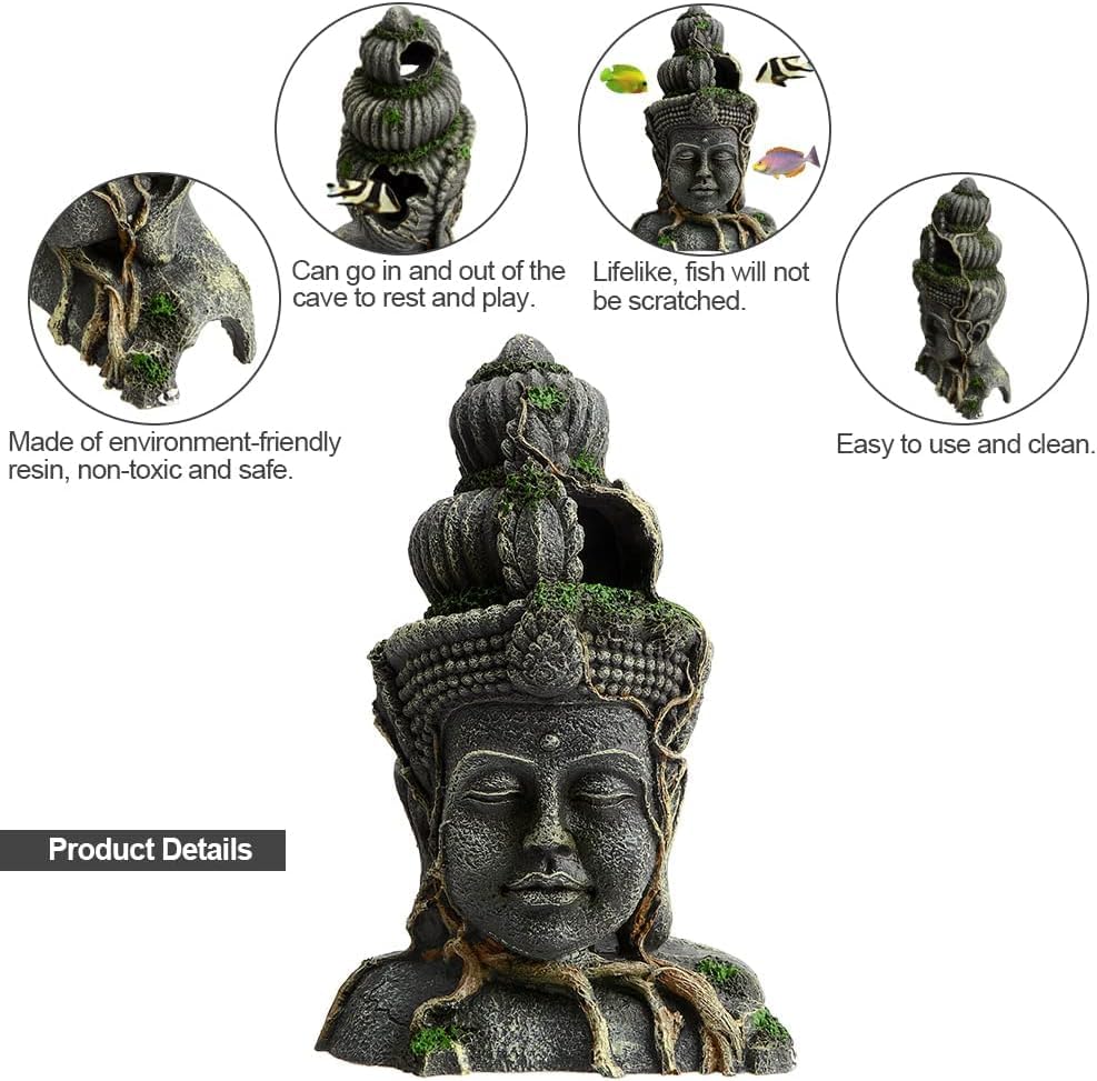Buddha Head Statue Aquarium Decorations Resin Fish Hideout Betta Cave for Large Fish Tank Ornaments Betta Sleep Rest Hide Play Breed
