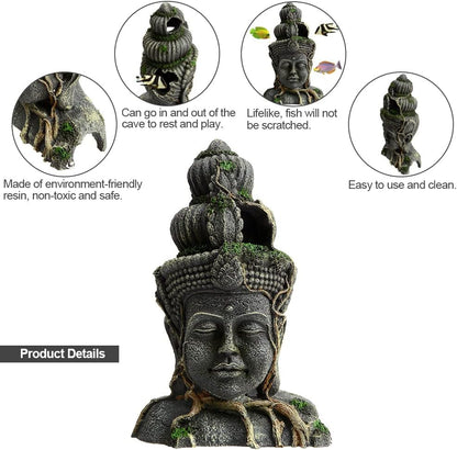 Buddha Head Statue Aquarium Decorations Resin Fish Hideout Betta Cave for Large Fish Tank Ornaments Betta Sleep Rest Hide Play Breed