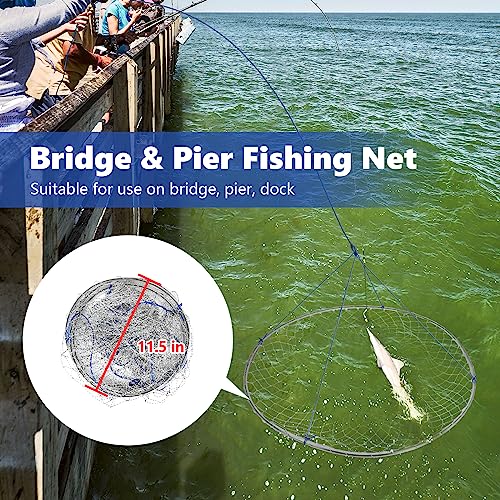 Large Bridge and Pier Fishing Net 32''/39'' Hoop, Foldable Drop Net Pier Fishing for Saltwater with Rope, Landing Net with Nylon Mesh, Collapsible Soft Steel Ring - color: Gray, size: M: 32''×36''