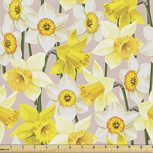 Lunarable Daffodil Fabric by The Yard, Gentle Nature Theme Blooming Spring Season Realistic Romantic Bedding Plants, Decorative Fabric for Upholstery and Home Accents, 2 Yards, Green Yellow - color: Green Yellow, size: Upholstery Fabric 2 yards