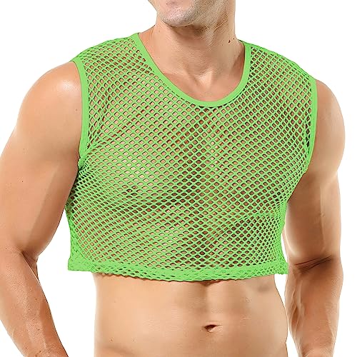 Men's Fishnet Shirts Mesh Crop Top See Through Round Neck Short Sleeve Sexy Muscle Tee for Men Daily - color: X-green, size: Medium
