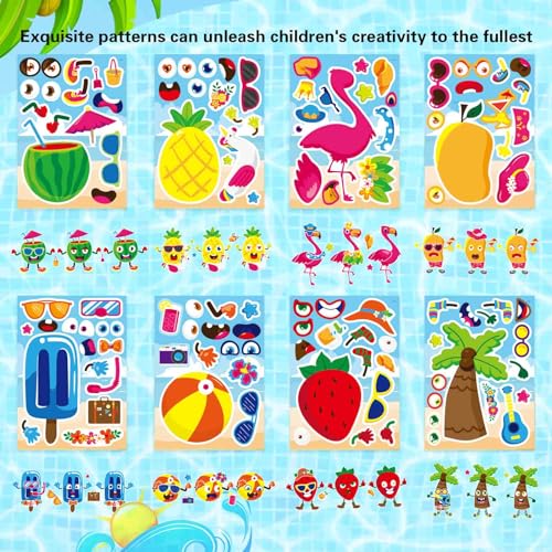24 Sheets Summer Make a Face Sticker Hawaii Tropical Pool Beach Stickers for Kids, Make Your Own Watermelon Pineapple Flamingo Stickers, Summer Holiday Party Favors - style: Summer Stickers