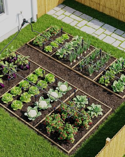 MYMULIKE Drip Irrigation System 99FT – 1/2" Main 1/4" Branch Pipe, Adjustable Drip Emitters & Misting Nozzles, Plug and Play Automatic Watering Kit for Garden, Raised Beds, Lawn, Greenhouse - size: 99FT