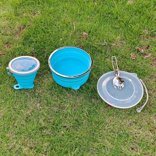 Mess Kit for Camping Silicone Collapsible Bowl Collapsible Cup and Stainless Steel Spoon for Backpacking Outdoor Hiking Traveling and Picnic - color: Blue