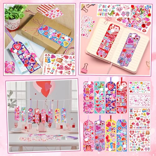Frienda 48 Sets Valentine DIY Bookmarks Craft Kit Valentine Decorations Art Sets Blank Foam with Smile Face Hearts Owl Alphabets Stickers Pom-poms for Activity Reading Gift Exchange - style: Sweet