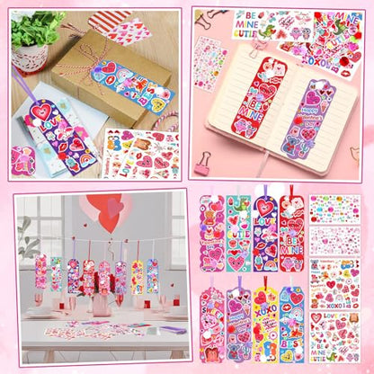 Frienda 48 Sets Valentine DIY Bookmarks Craft Kit Valentine Decorations Art Sets Blank Foam with Smile Face Hearts Owl Alphabets Stickers Pom-poms for Activity Reading Gift Exchange - style: Sweet